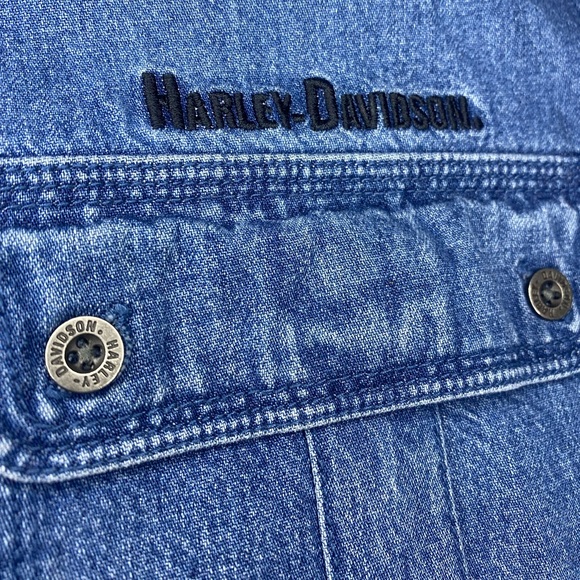 🏍🏍🏍Mens Medium Harley Davidson Denim Short Sleeve Button Up Shirt - Picture 5 of 12